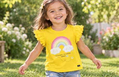 Toddler girl wearing a yellow UPF 50+ rainbow T-shirt while playing outdoors