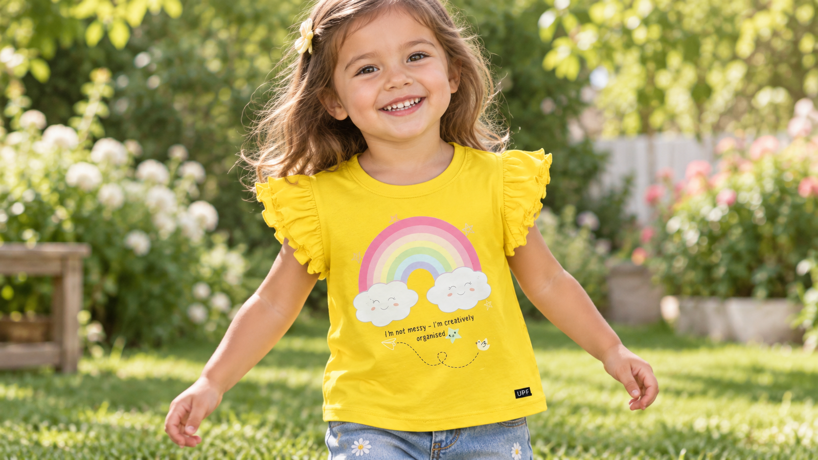 Toddler girl wearing a yellow UPF 50+ rainbow T-shirt while playing outdoors