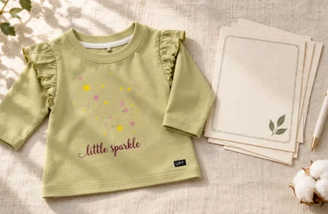 GOTS certificate documents beside a folded organic cotton toddler tee